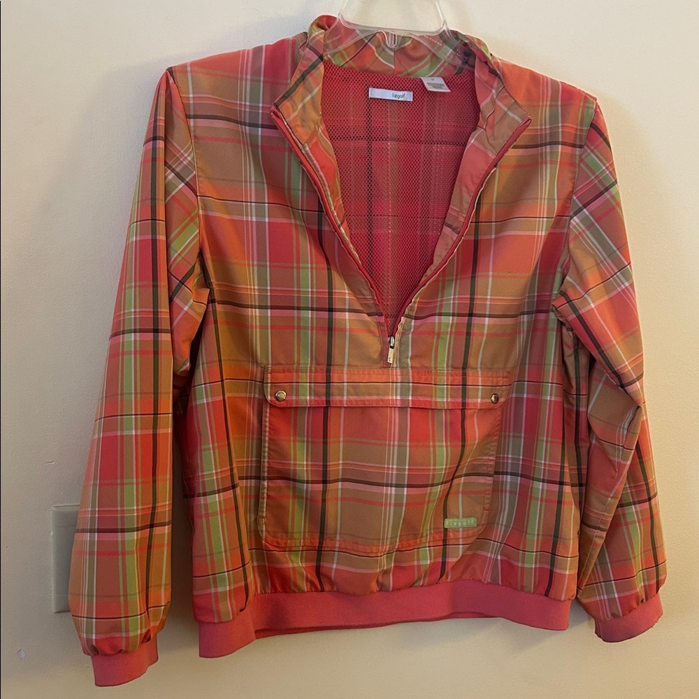Lizgolf by Liz Claiborne Women’s Medium Plaid Windbreaker Half-Zip in Coral